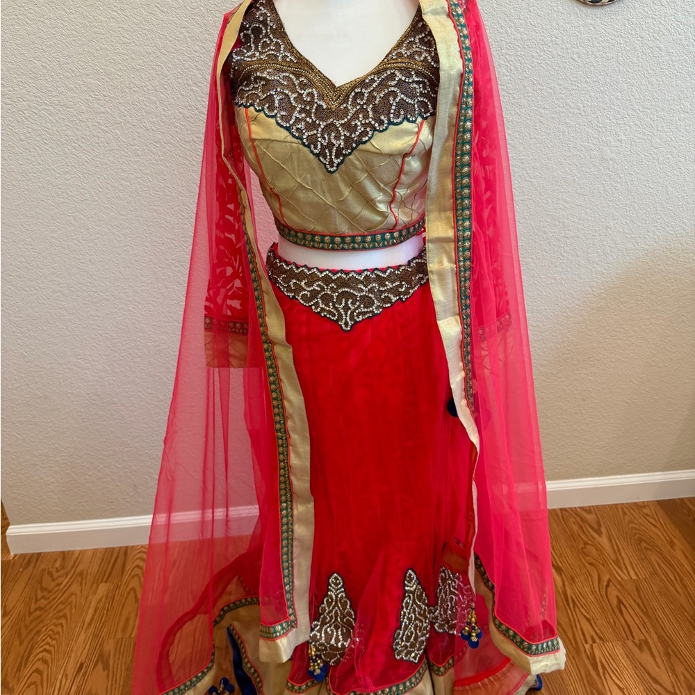 Elegant coral Lehenga and Gold Women's Skirt and choli